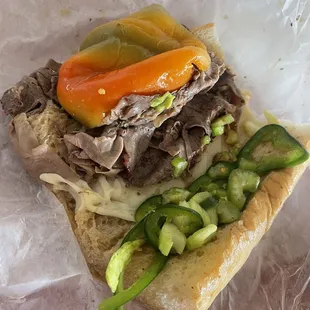 Italian Beef with sweet &amp; hot peppers plus provolone cheese