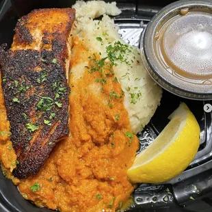 Bourbon salmon with horseradish mashed potatoes and mashed sweet potatoes