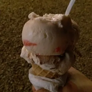 Banana split, double scoop on a waffle cone