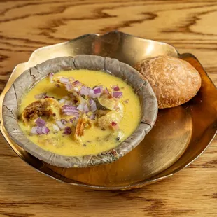 KACHORI KADHI BHUJJE

stuffed onion kachori, tempered buttermilk. (one dish wonder from Ajmer railway station)