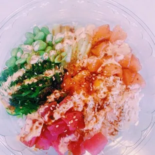 Poke bowl with tuna and salmon- no avocado