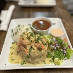 Mofongo with garlic shrimp rice and beans 10 out of 10