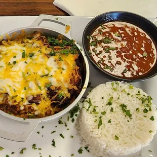 Pastelon, red beans and white rice