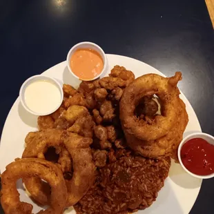 Jambalaya fried mushrooms fried baby shrimp and very greasy onion rings