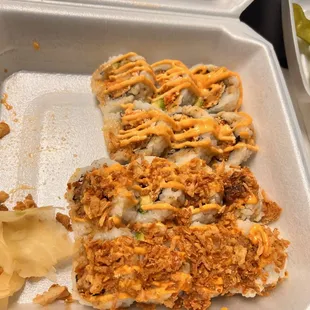 On top, Nola roll, on bottom, fried oyster roll