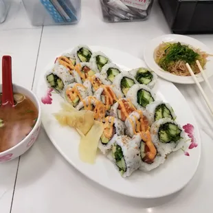 Sushi Roll Lunch Special includes 2 rolls, miso soup and noodle salad.