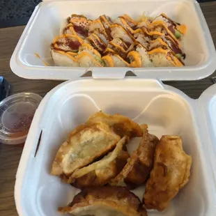 Shrimp dumplings spicy tuna in soy wrapper