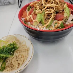 NOLA poke, and complimentary noodles.