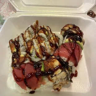 Salmon Avocado roll  Dragon Roll  Amazing sushi, amazing customer service, 10/10 recommend this place