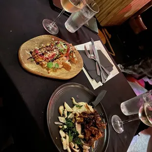 A Salmon bruschetta and short ribs