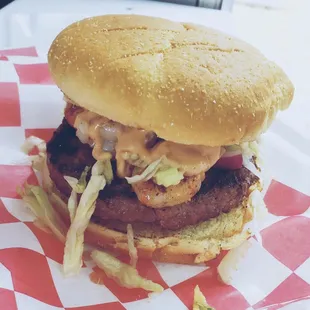 Surf and Turf Burger w 4 Jumbo Shrimp, Quarter Pound Beef Patty, and Remoulade sauce, Jazzy B Grille Food Truck, Tampa Bay