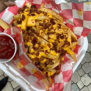 Bacon and cheese fries - I asked for light cheese and got it - thanks!