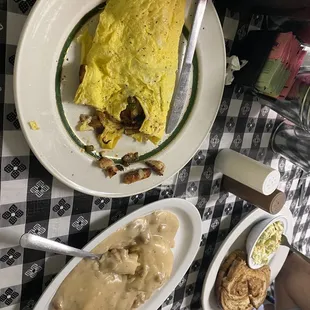 Fajita omelette that was awesome! Biscuit and gravy and a Reuben! All delicious!