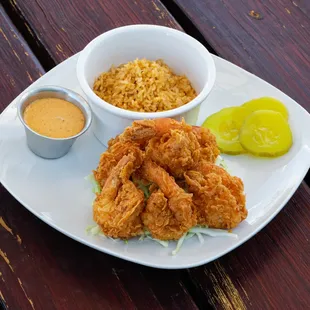 Shrimp Box with Cajun Rice Pilaf ~ Hand Battered Fried or Pan-Seared Served with One Sides, Pickles &amp; Remoulade Dipping Sauce