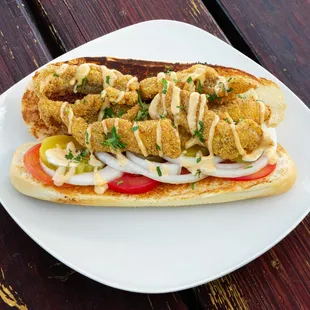 Fried Catfish Po&apos; Boy ~ With Tomatoes, Onions, Pickles and Cajun Mayo Topped with Herbs on a French Roll