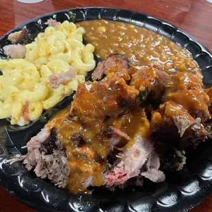 Two Meat Dinner Plate with Beef Brisket, Sausage, Bbq Beans, and Macaroni &amp; Cheese