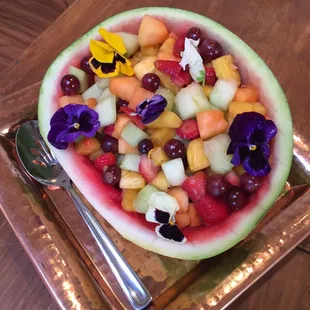 Watermelon salad bowl with edible flowers