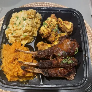 Lamb chops and catfish with candy yams and Mac and cheese