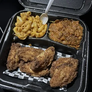 Fried chicken, yams, Mac &amp; cheese