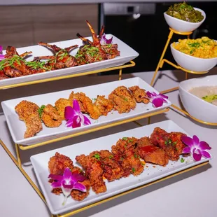 Lamb chops, fried catfish and fried chicken.