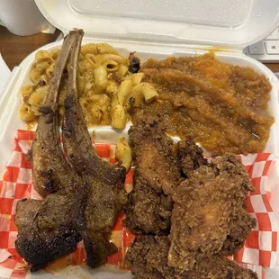 Lamb chops + fried chicken, yams, &amp; mac n' cheese.