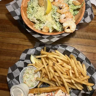 Caesar salad with shrimp and lobster roll