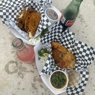 Birria Quesadillas and Tacos w/ Guava Jarrito and Coke