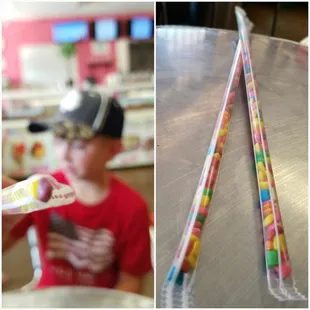 Bubblegum straw. With cringed ends,  pop em open by the side of cringe. Teeth are not helpful in this case. No need to try to tear either.