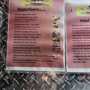 a menu for appetizers