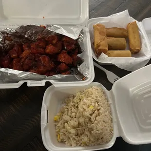 General tso chicken, fried rice, and spring rolls !