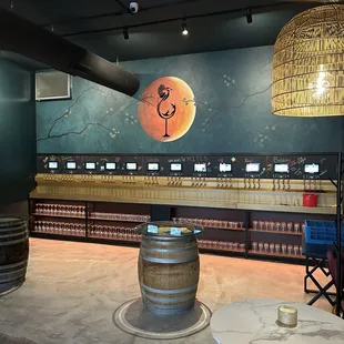 a barrel of wine in the foreground