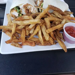 Buffalo chicken wrap with fries