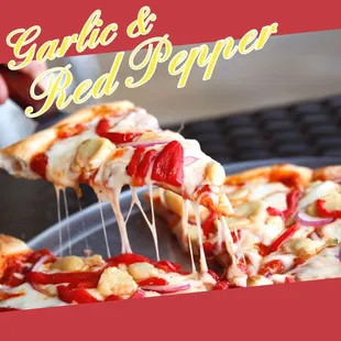 a slice of pizza being served