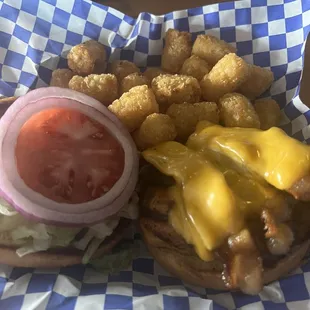 Grilled Chicken Sandwich - added cheese and bacon with tots