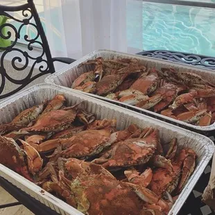 two trays of crabs