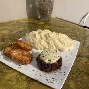 Fillet, coconut shrimp, mashed potatoes