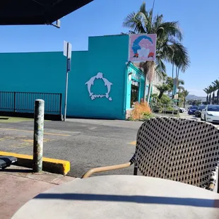 a table and chairs outside