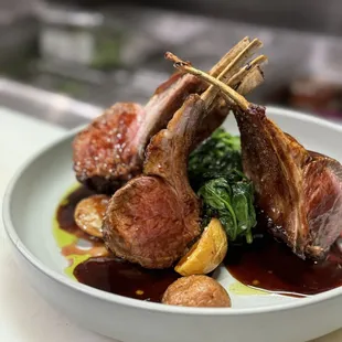 Rack of Lamb, roasted Yukon potatoes and sautéed spinach.