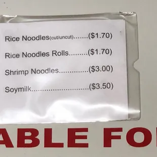 Fresh noodles menu