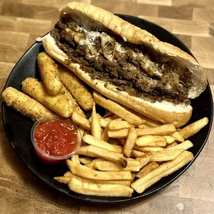 Original Cheesesteak, French Fries and Mozzerella Sticks