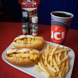  two hot dogs and fries