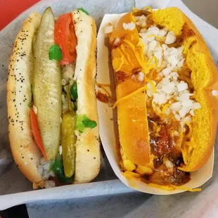 Chicago dog, chili cheese dog