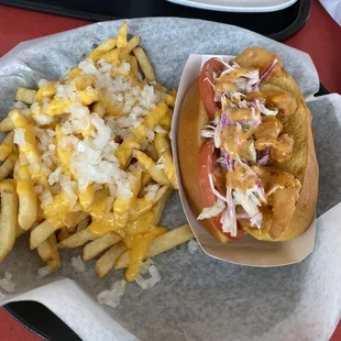 Shrimp roll and large cheese fries