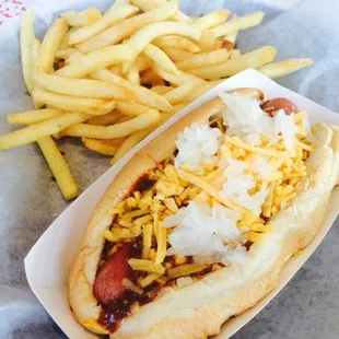 Texas style dog with fries