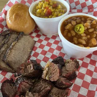 Brisket Plate Burnt ends spicy beans and Cajun corn