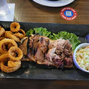 2 meat plate, brisket and pork, GREAT rings and slaw.  $18.95