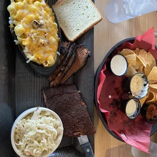 Mac and cheese, coleslaw, brisket, ribs