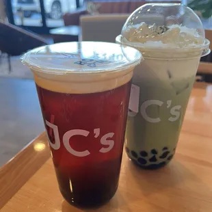 Thai tea and iced matcha