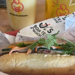 Banh mi (Vietnamese sandwhich), with mango smoothie and mango refresher tea.