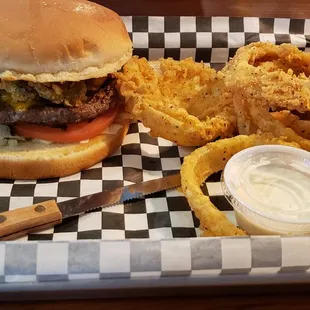 Jalapeno Sausage &amp; Cheddar Burger w/Onion Rings